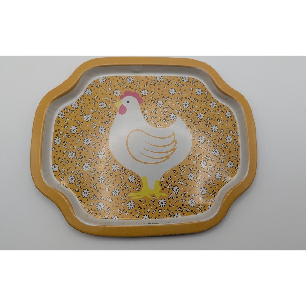 Vtg 1986 Action Industries Chicken Hen Metal Tray Yellow Floral 8x6.5" Farmhouse